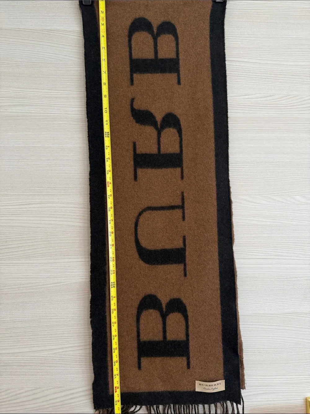 Burberry Logo 100% Cashmere Scarf Camel Black Fringe